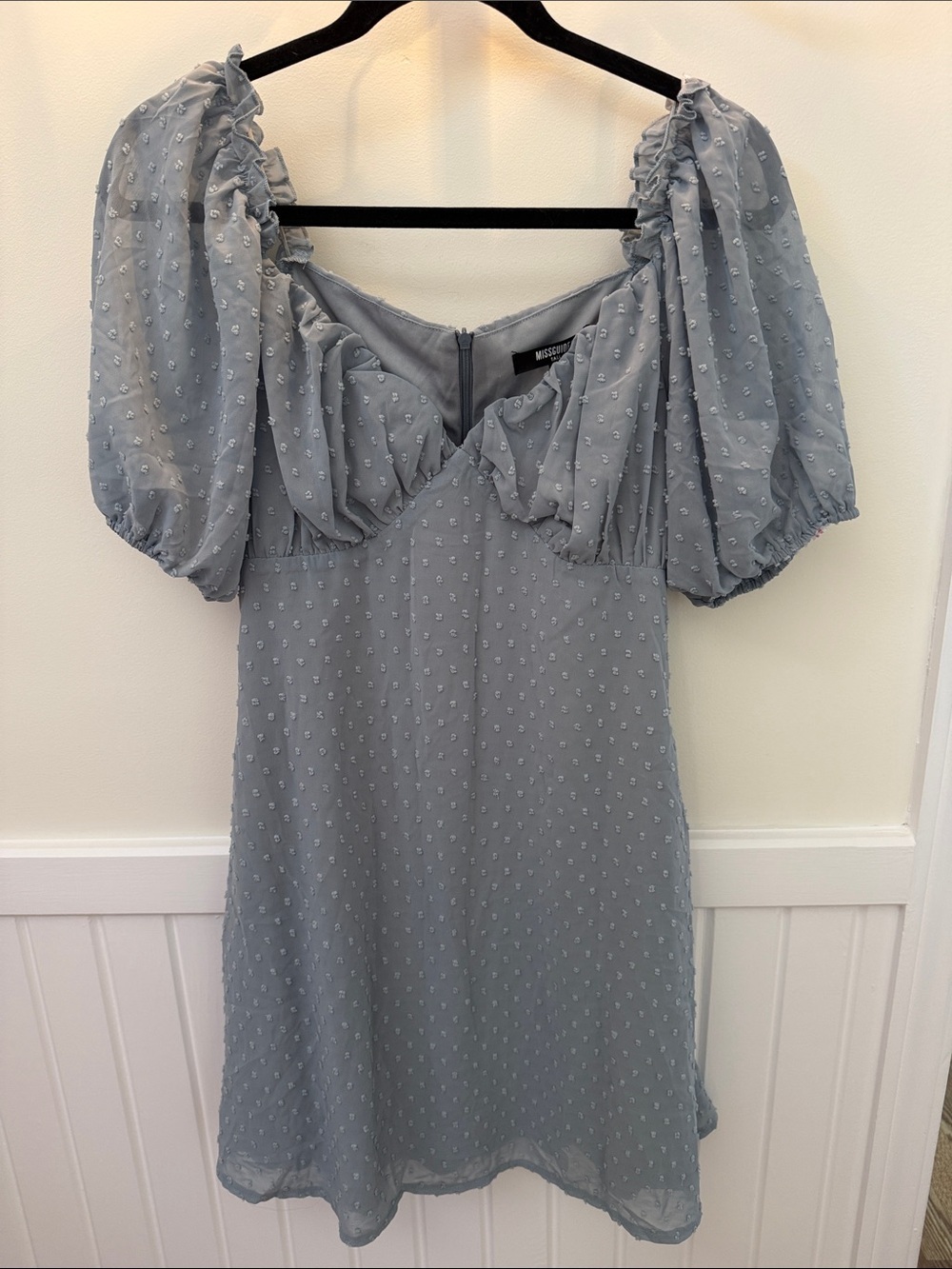Missguided Powder Blue Swiss Dot Puff Sleeve Mini Dress Size 8 Tall Cottagecore